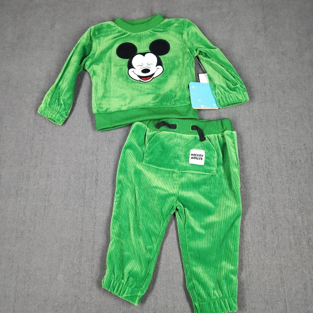 Disney Baby Mickey Mouse Green Velour Two Piece Outfit Size 6/9 Month NWT